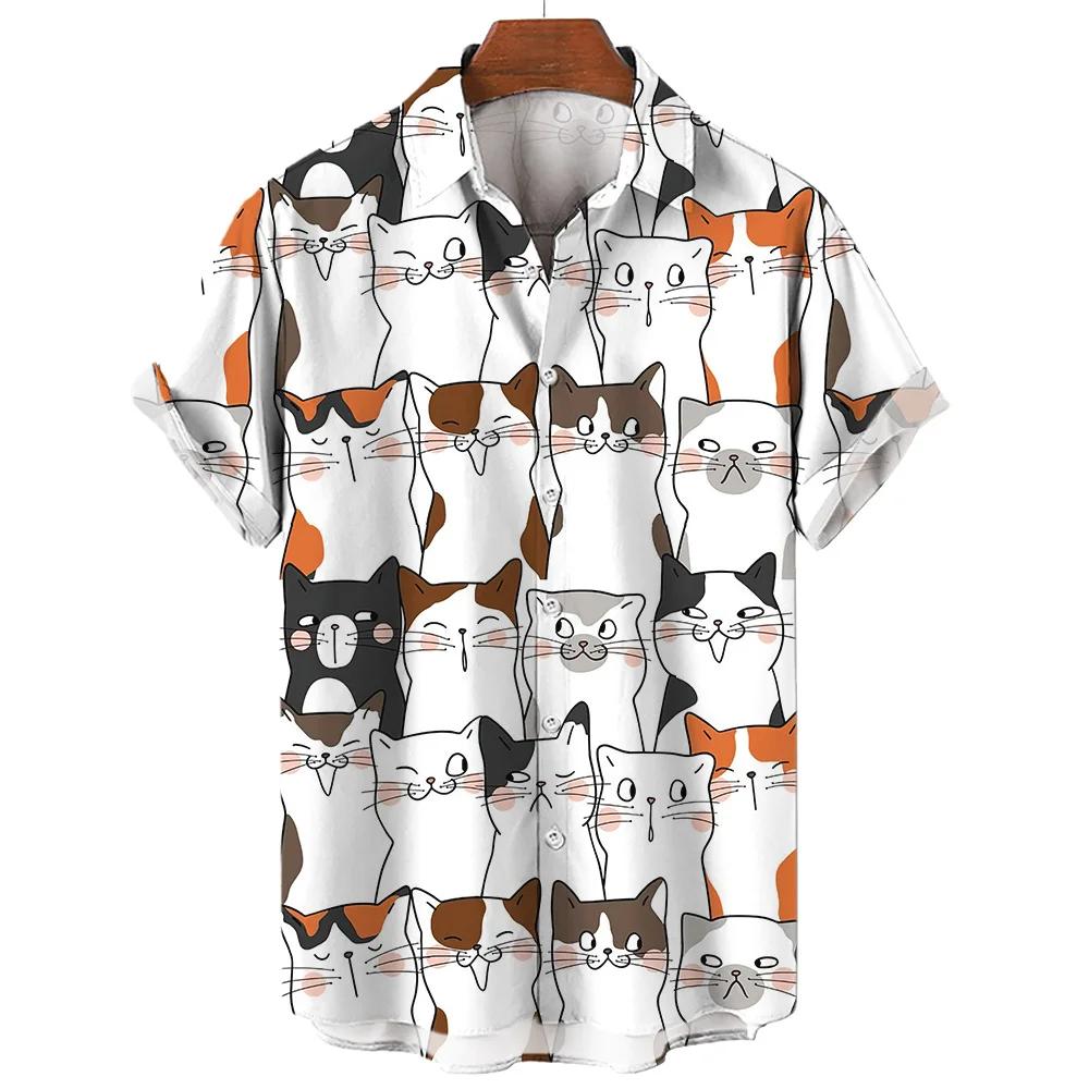 Woman Cat Shirts Short Sleeve Korean Clothes Summer Print Clothes Lapel Button Tops Outdoor Comfortable Versatile