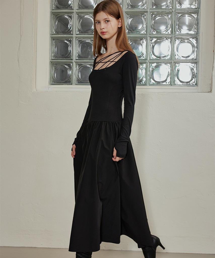 Hypernet String Waist Stitch Long Dress - Black