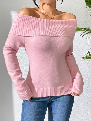 Suéter feminino slim fit com lapela de um ombro só, sexy, com ombro descoberto, tricô, cor sólida, básico
