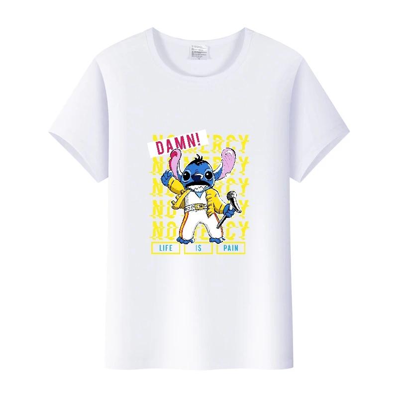 Kawaii Disney Cartoon Blouse Lilo Stitch Love Top Summer Short Sleeve 90S T-shirts White Shirt Kids Tees Woman Plus Size Clothes