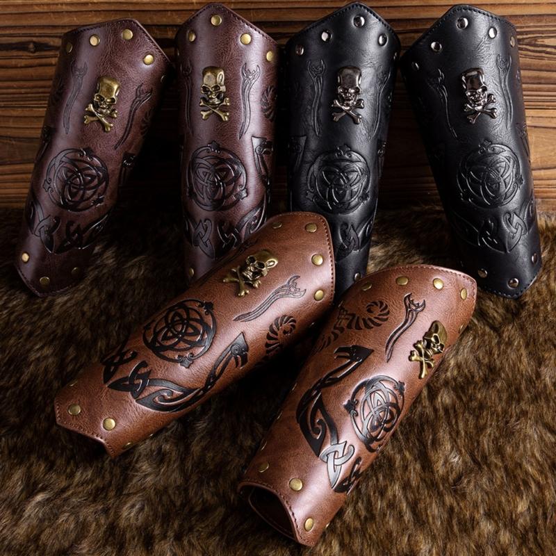 Men Embossed Wrist Cuffs Bracer Gauntlet Cosplay Bracer Wristband for Parties