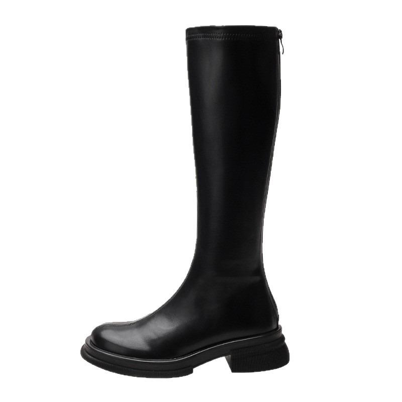 Cowhide version~ Leather thick-soled high knight boots, small but knee boots, fat mm long boots, elastic and thin boots