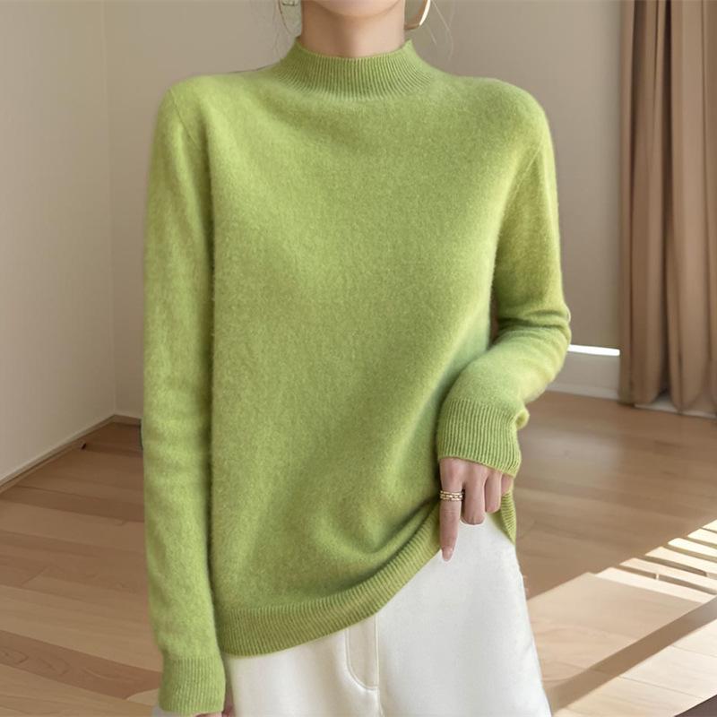 Women's Slimming Wool Sweater - Half High Neck, Long Sleeve, Loose Velvet Pullover, Versatile Knitwear for Autumn/Winter.