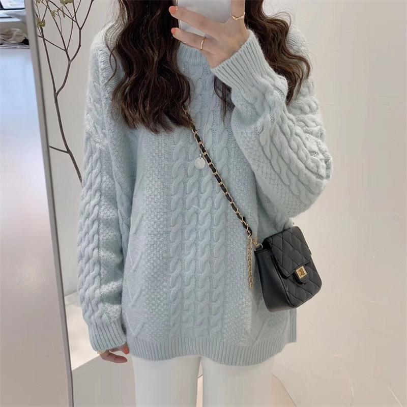 Crew neck retro twist solid color pullover sweater women's autumn and winter new wool bottoming knitted sweater