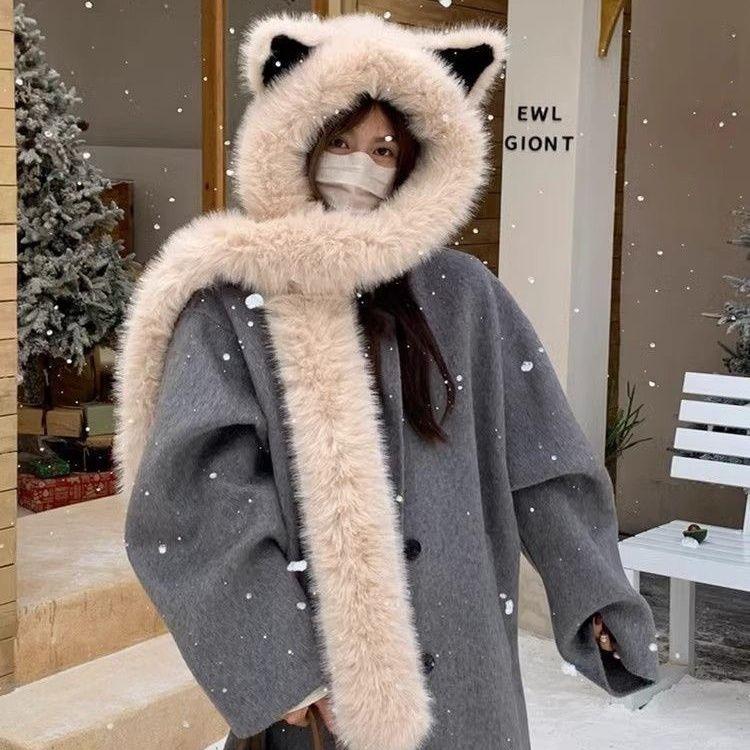 Neuer Pelzimitat Fuchshaar Vergrößerter Verdickter Hut Winter Flauschiger Hut Großer Kopf Schal Zum Warmhalten