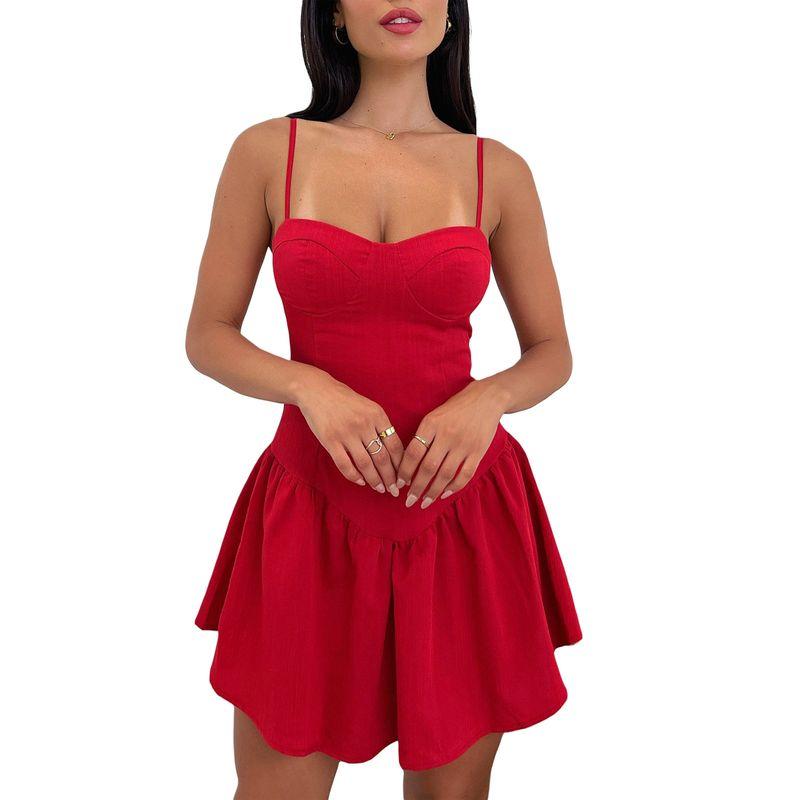 

European and American Short dress Sling Frill Dress Lotus Leaf Edge Solid Color Dress Red M