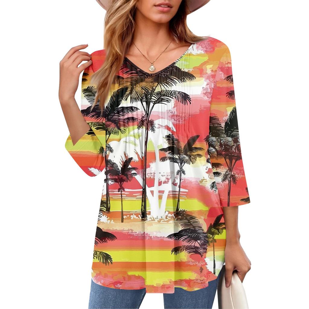 Damen Tops V-Ausschnitt Dreiviertelärmel Gestreift Plissee Casual Sommermode Shirt Tops