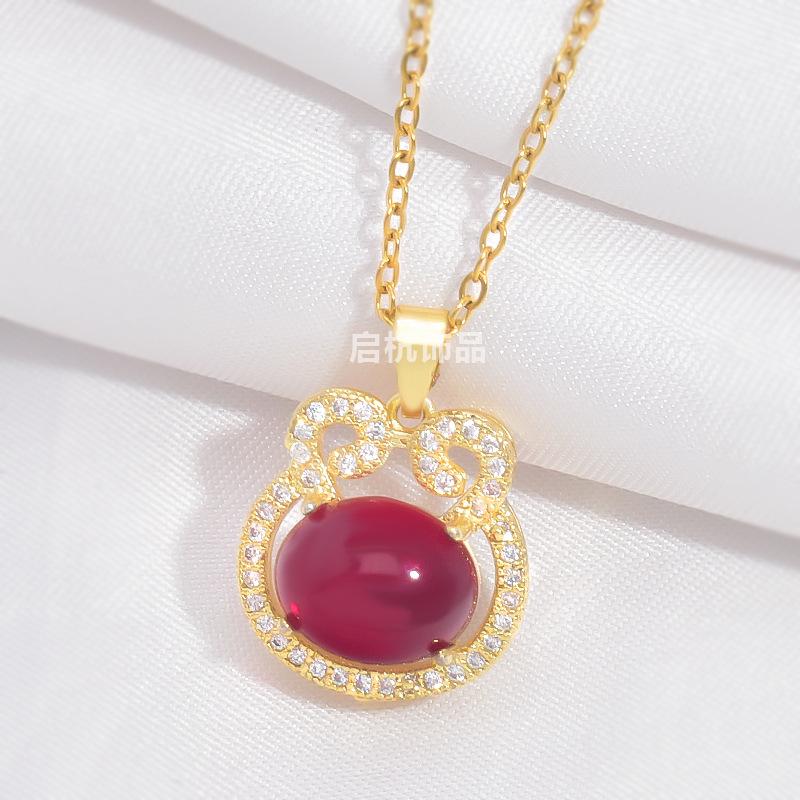 Ruby Safety Lock Necklace Women'S Retro National Tide Simple And Versatile Personality Inlaid Pendant Exquisite Collarbone Chain
