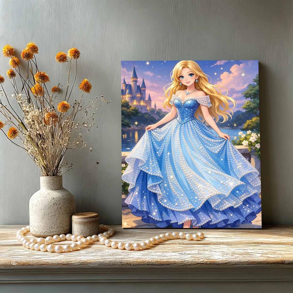 Starry Castle Cinderella New Pearl-Inlaid Frameless Art | Handmade Pearl Craft, Castle Lake Starry Theme, for Romantic Fairy Tale Decor