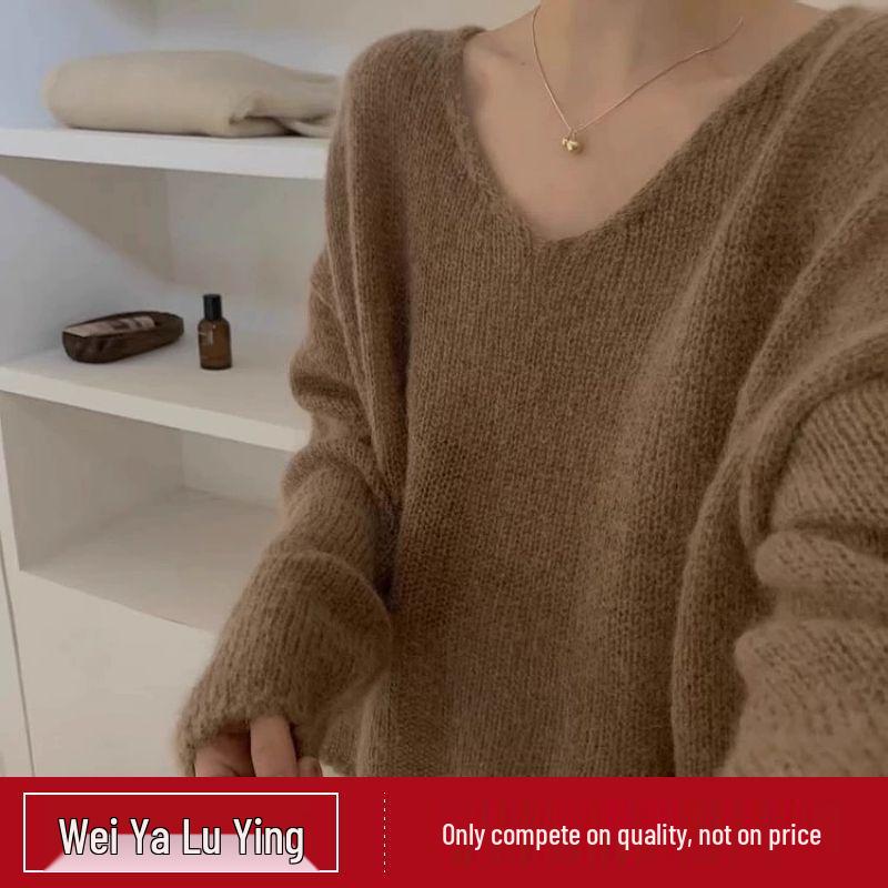 Women's V-Neck Knitted Sweater - Early Autumn, Versatile, Loose Fit, Solid Color