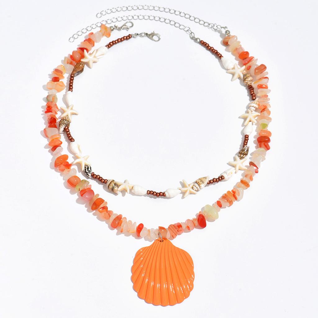 Collier Pendentif Perle Étoile de Mer Orange Pour Femmes, Bijou Accessoire Coquillage Style Océan Bohème Cadeau