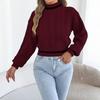 Women S Casual Color Block Half High Neck Waist Tightened Lantern Sleeve Sweater