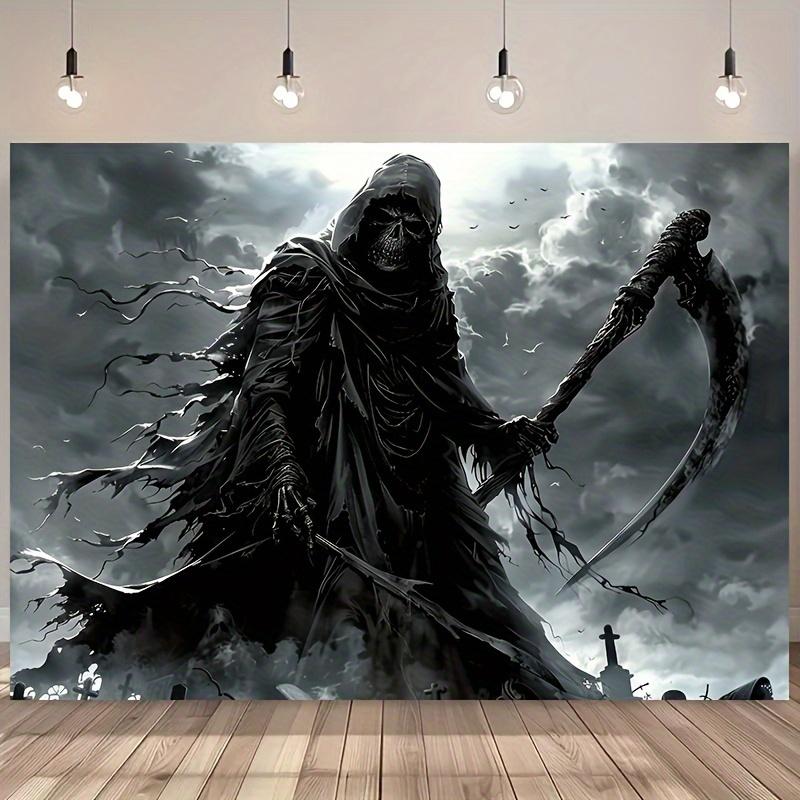 Death tapestry wall hanging - Halloween party decoration with Gothic skull and sickle design