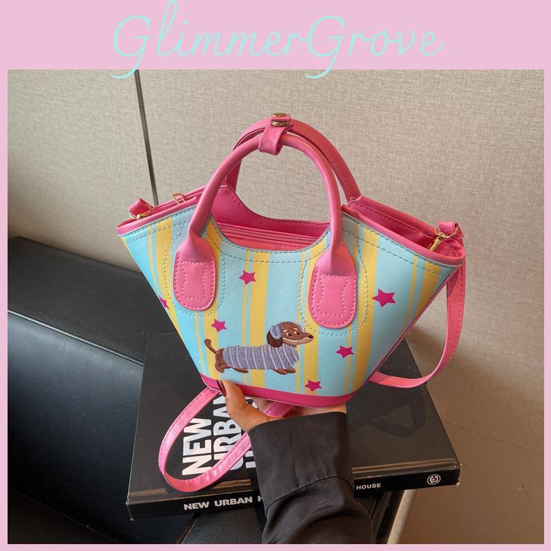 Cute Dachshund Dog Embroidered Striped Star Pattern Women Casual Shoulder Bag For Daily Use