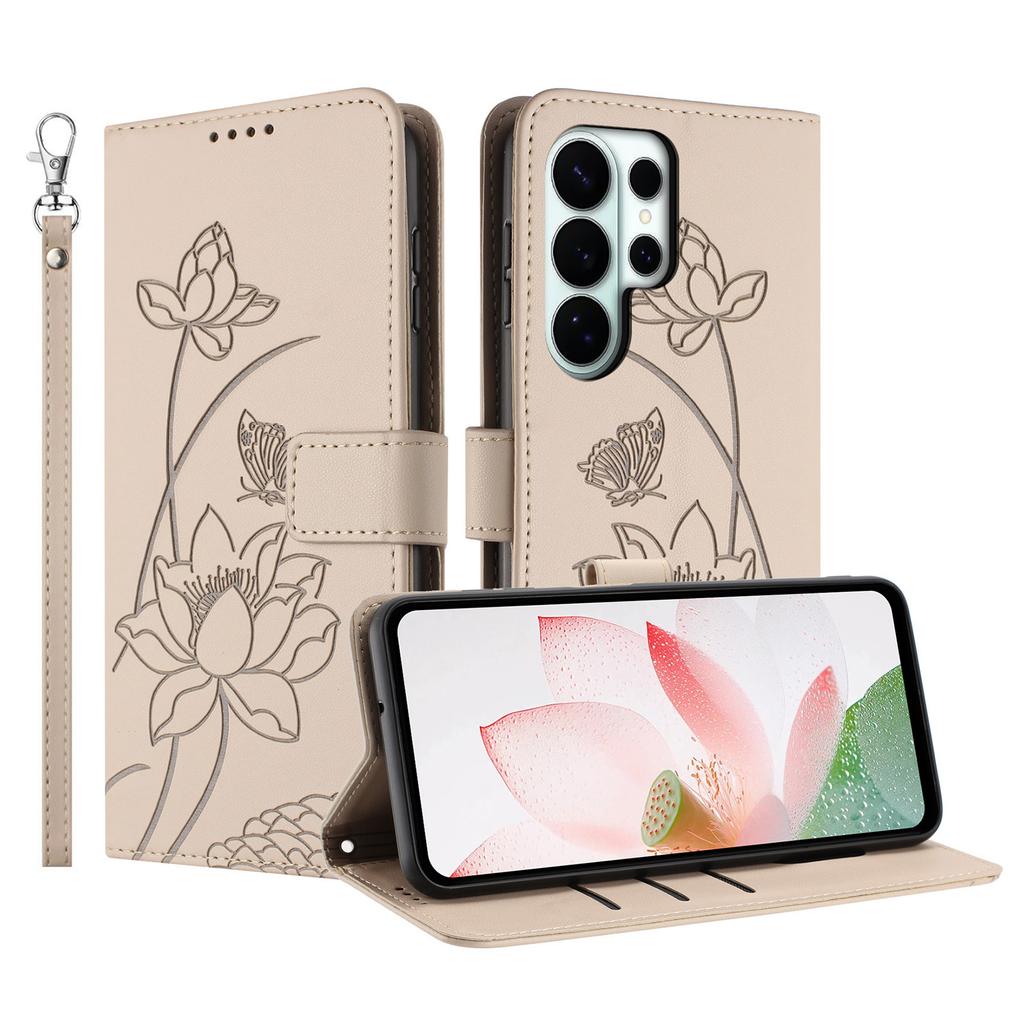 For Samsung Galaxy S26 Ultra Case Wallet Stand Lotus Imprint Leather Phone Cover with Wrist Strap