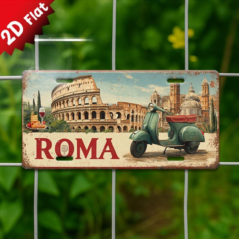 D Flat Vintage Metal Sign Decoration of Rome Italy with Scooter Roman Architecture (Colosseum Pantheon) Aluminum Wall 15x30cm(5.9x7.8inch)