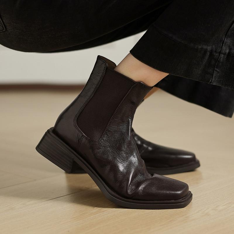 Fashion NEW Autumn Women Boots Genuine Leather Shoes for Women Square Toe Chunky Heel Shoes Slip-on Modern Boots Concise Daily Shoes