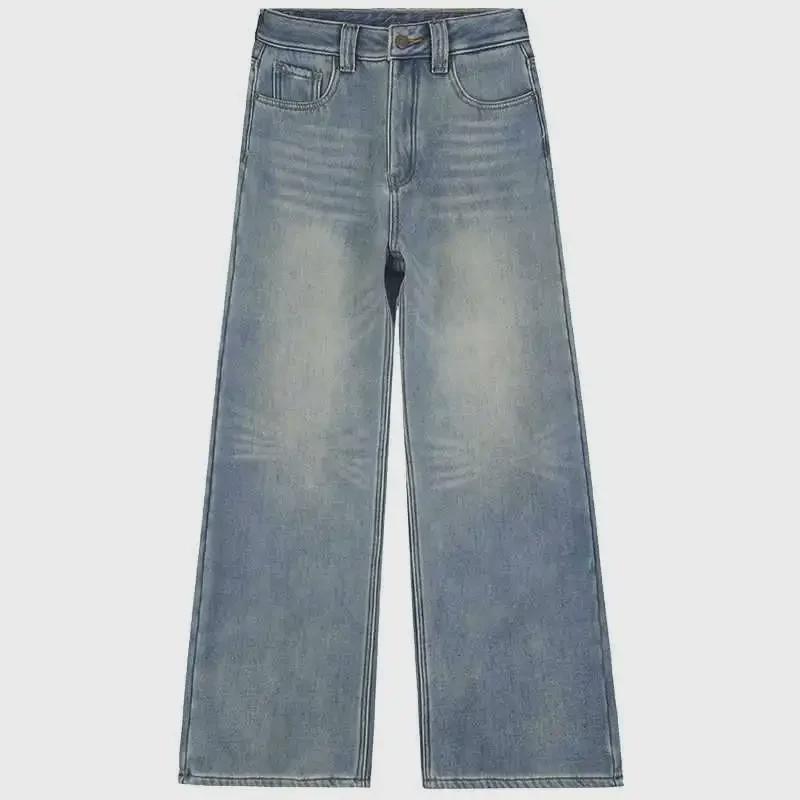"Women's High-Waist Velvet Wide-Leg Jeans - Warm, Straight Fit for Autumn & Winter"