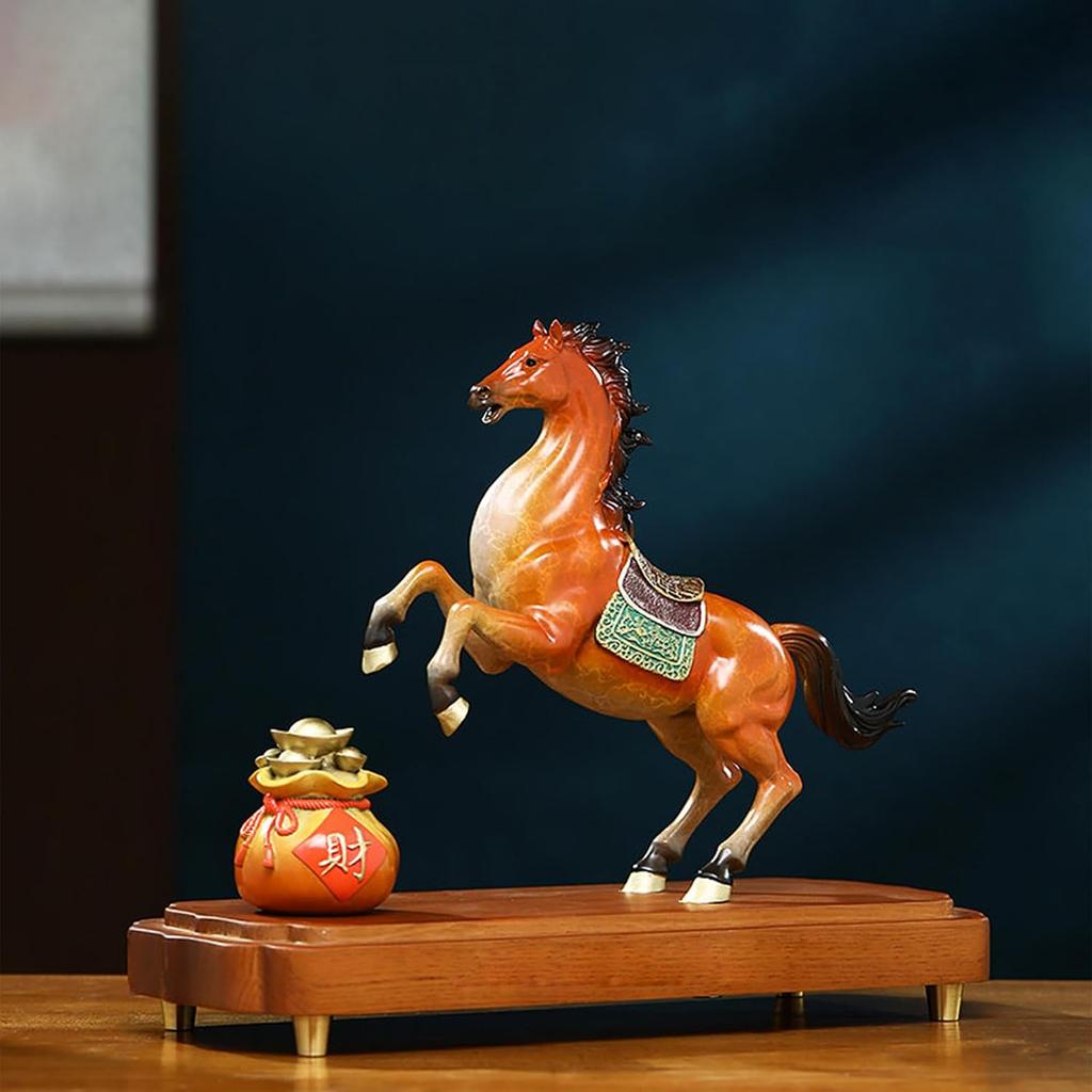 Aris & Juno Exquisite Copper Horse with Fortune Bag Statue - New Chinese Style Feng Shui Decor for Wealth & Success
