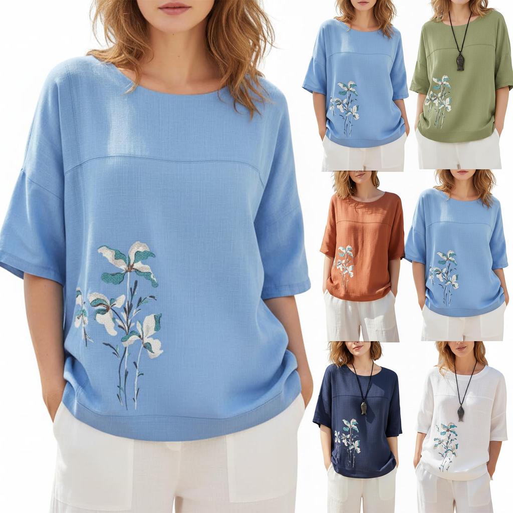 Dam Bomull Linne Blommig Tryck T-shirts Casual Lös Kortärmad Blus Topp