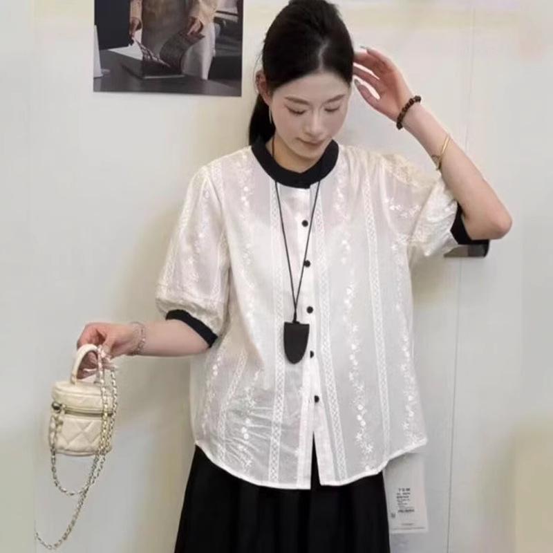 Women's Korean Jacquard Color Block Turn-Down Collar Short Sleeve Shirt - Fashionable and Versatile Summer Top