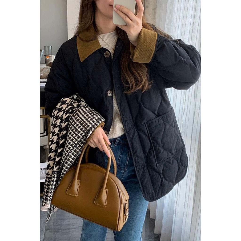 Thin and light rhombus contrasting color short splicing cotton-padded jacket fragrant winter new lapel cotton-padded jacket cotton-padded jacket