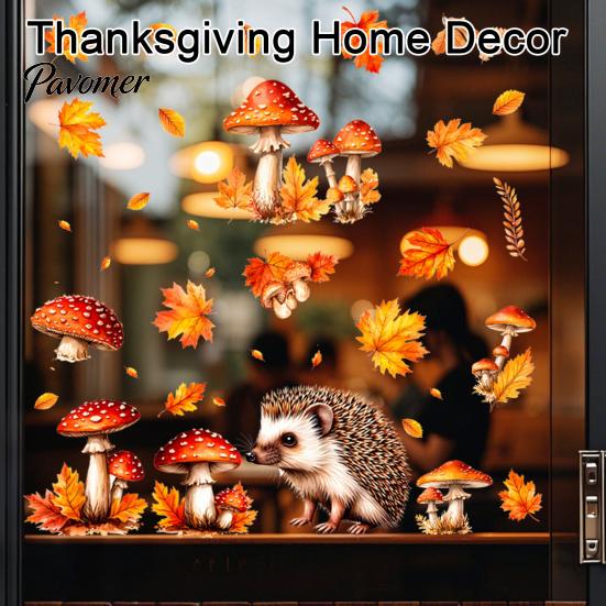 Maple Leaf Decorations 2PCS Autumn Hedgehog Static Window Clings, Fall Mushroom Glass Stickers, Decals No-Adhesive for Home Store Coffee Shop