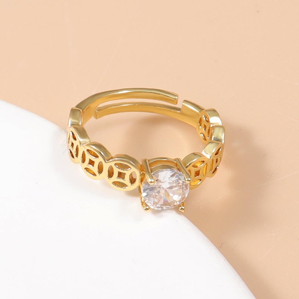 Coin Pattern Diamond Open Ring - Adjustable Light Luxury Couple Style Jewelry