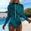 Women Long Sleeve One Piece Swimsuit Zip Front  Ink Wash Landscape Print Rash Guard Surfing Bathing Suit