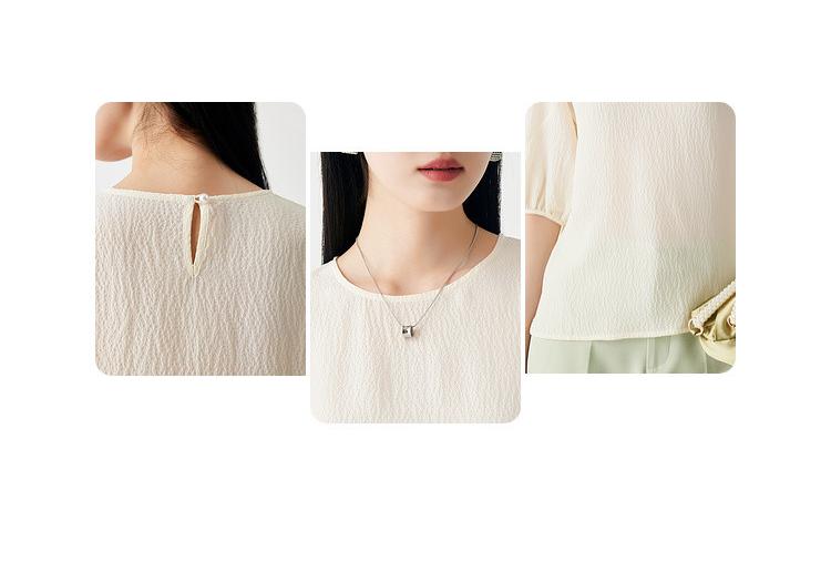 100% Mulberry Silk Round Neck Fine Flowing Silk Breathable Bubble Sleeve Top T-Shirt for Women