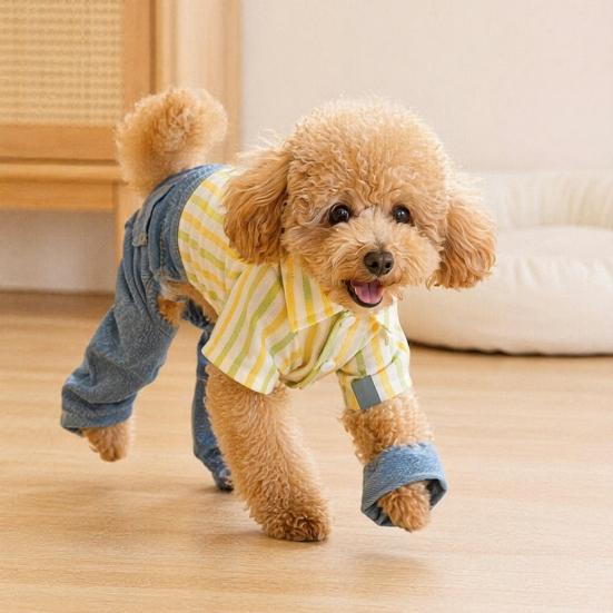 Huaqianguhh Striped Shirt Pet Jumpsuit, Four-Legged Dog Clothes, Denim Pants Outfit, Stylish Onesie Clothes for Small Dogs