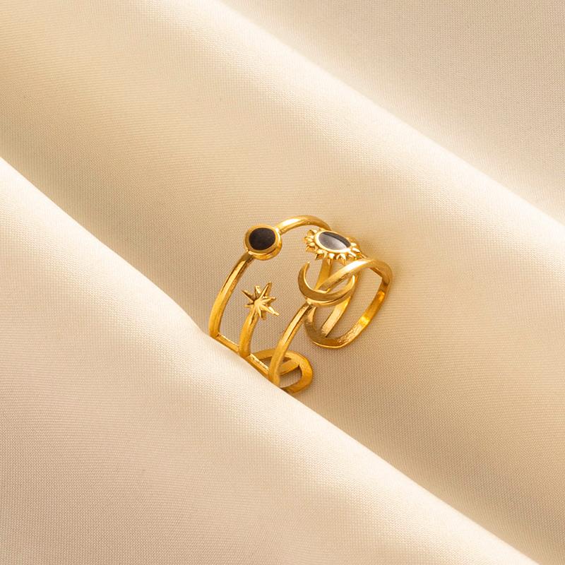 Balck Enamel Gold Plated Heart Fire Evil Eye Stainless Steel Ring Vintage Finger Jewelry Sun Moon Star Rings For Women Men Bague