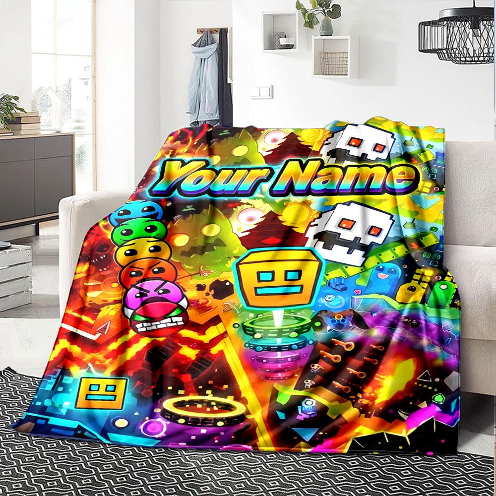 1pc Geometry Dash Blanket with Custom Name, Gift, for Men and Women, Soft Blanket, Good for Sofa Bed Couch Travel, Lightweight Flannel Blanket