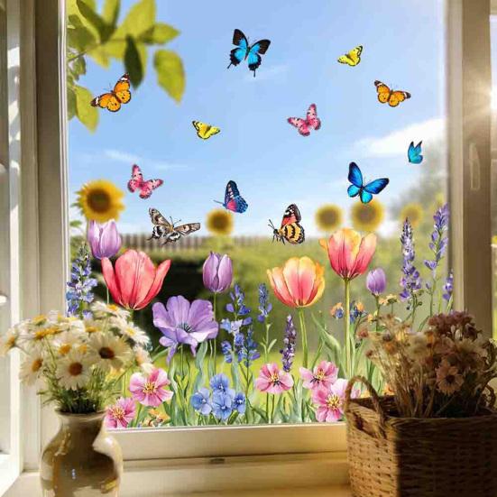 Glass Sticker Peel Stick Static Window Film Vibrant Color Spring Flowers Butterflies Pattern Window Decal Home Decor