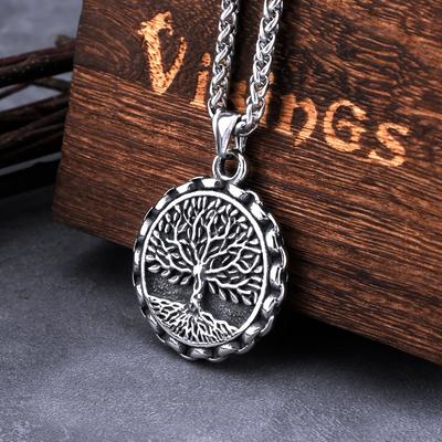 Stainless Steel Viking Tree of Life Necklace Vintage Men's Biker Punk Hip Hop Scandinavian Pendant Jewelry Gift for Boyfriend