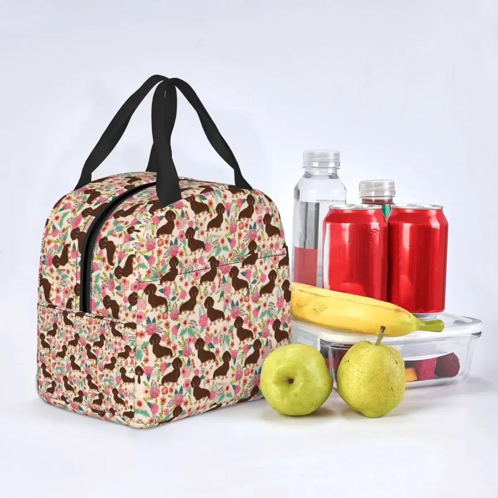 Custom Dachshund Sausage Dog In Florals Lunch Bag Women Cooler Warm Insulated Lunch Boxes for Adult Office