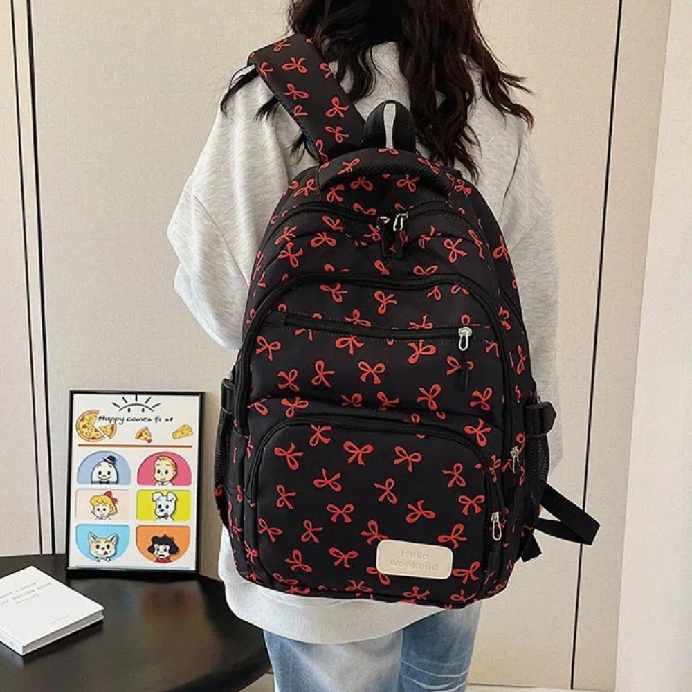 3 Pcs/Set Fashion Large Capacity Bow Backpack Nylon Bow Print School Bag Adjustable Strap Student Backpack