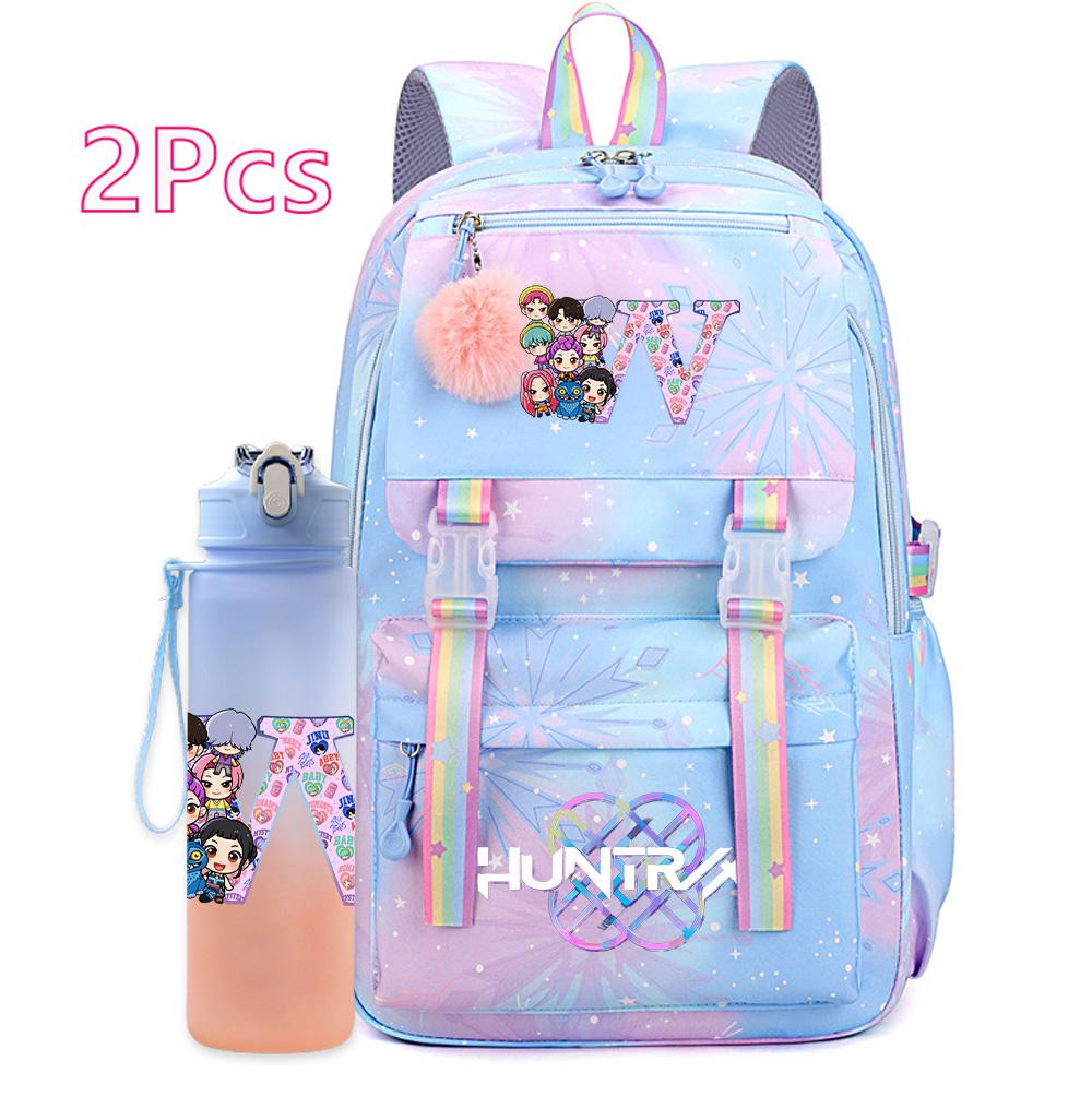 2Pcs/set K-pop Printed Backpack with 750Ml Water Bottler Large Capacity Travel Bag for Teenager Girl Boy Bookbag Kid Gift Large Capacity Bag Mochila