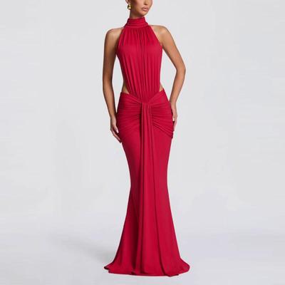 Elegante Vestido Largo Europeo-Americano de Halter Plisado Ajustado - Sexy Espalda Descubierta