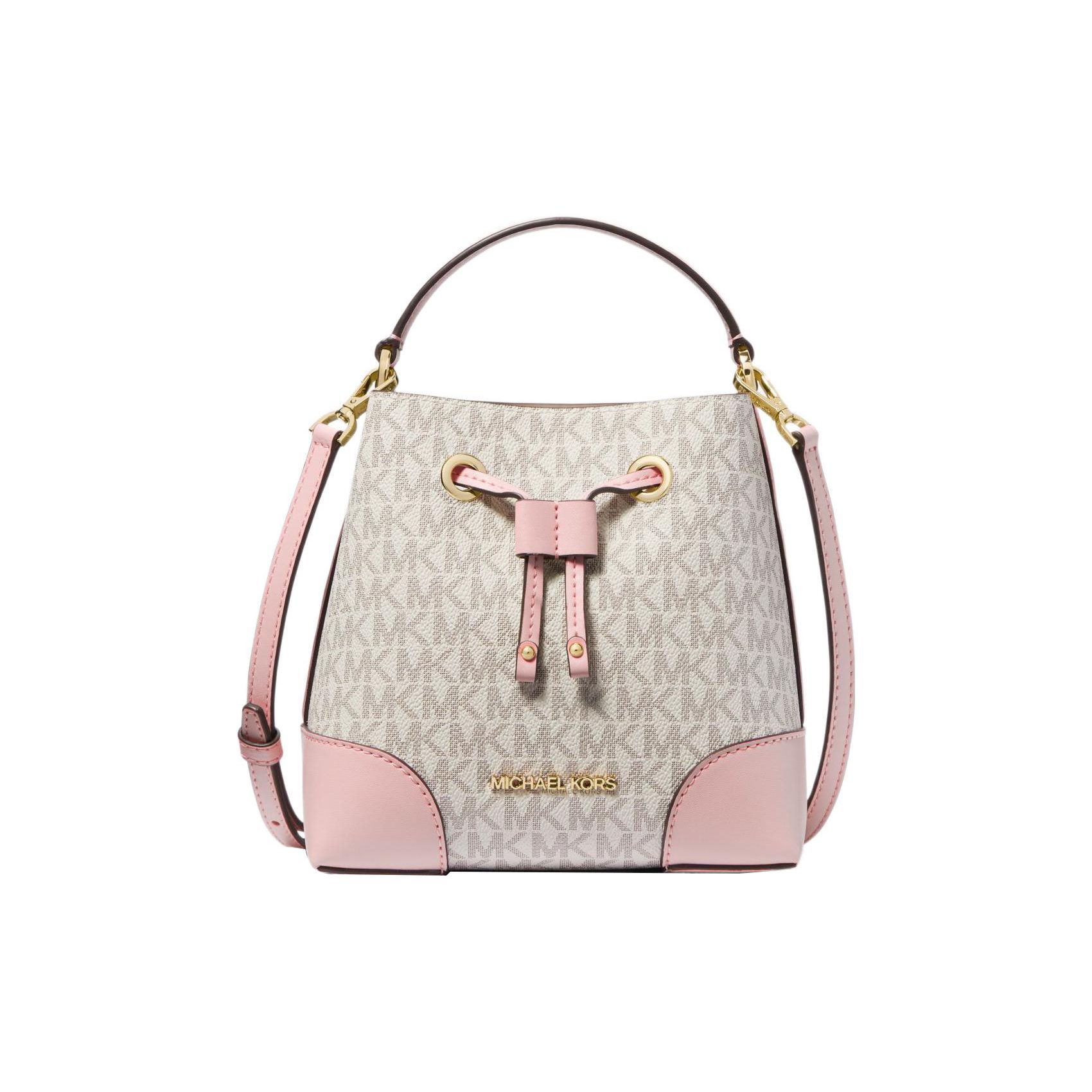 

Michael Kors MK Mercer 18 Classic Monogram Drawstring Closure Coated Canvas And Cotton Bucket Bag Women Bags White Pink 35F2GM9M1B-640 Basic Set (Bag+Dust Bag)