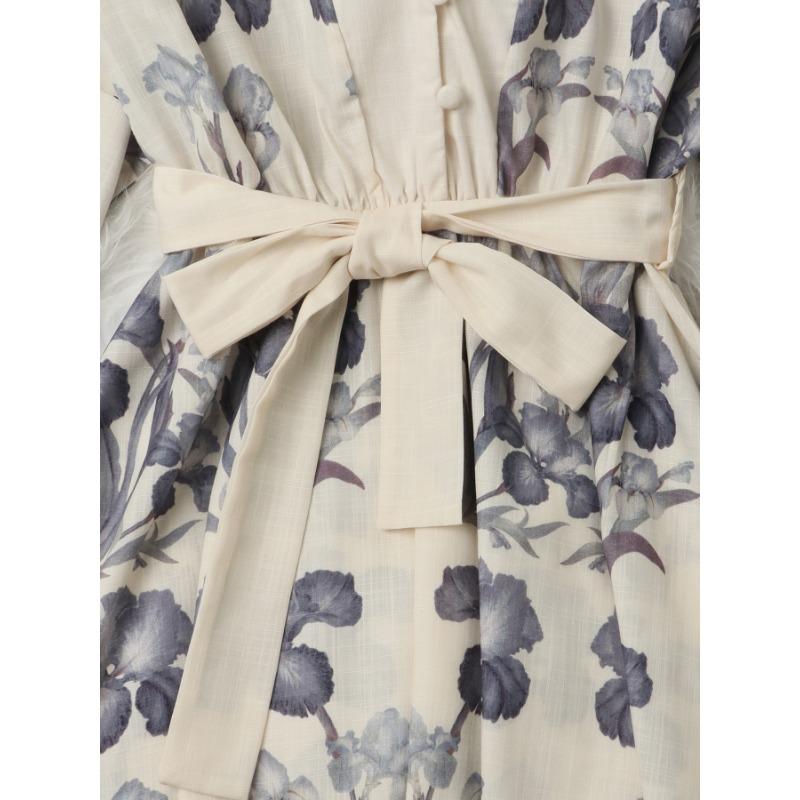 Women's Fashion Vintage Elegant Temperament V-neck Lantern Sleeve Cotton Linen Print Trend Lace-up Dress