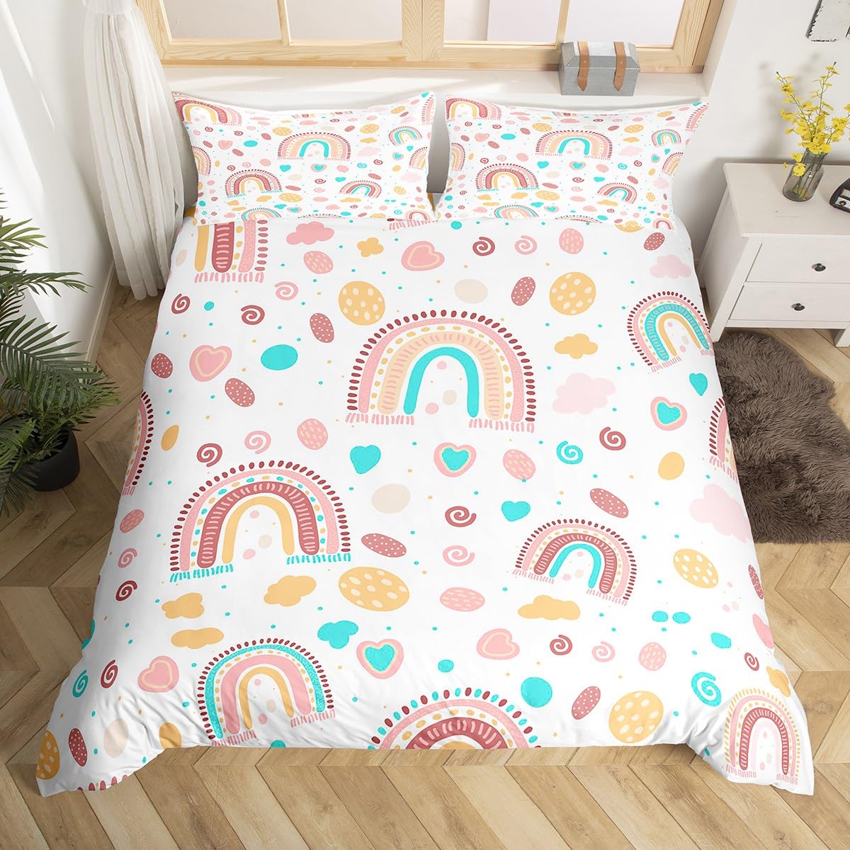 

Kids Cartoon Rainbow Duvet Cover Twin Queen Cute Butterfly Flower Leaves Bedding Set for Girl Boys Dream Catcher Comforter Cover EU Single(135x200cm)