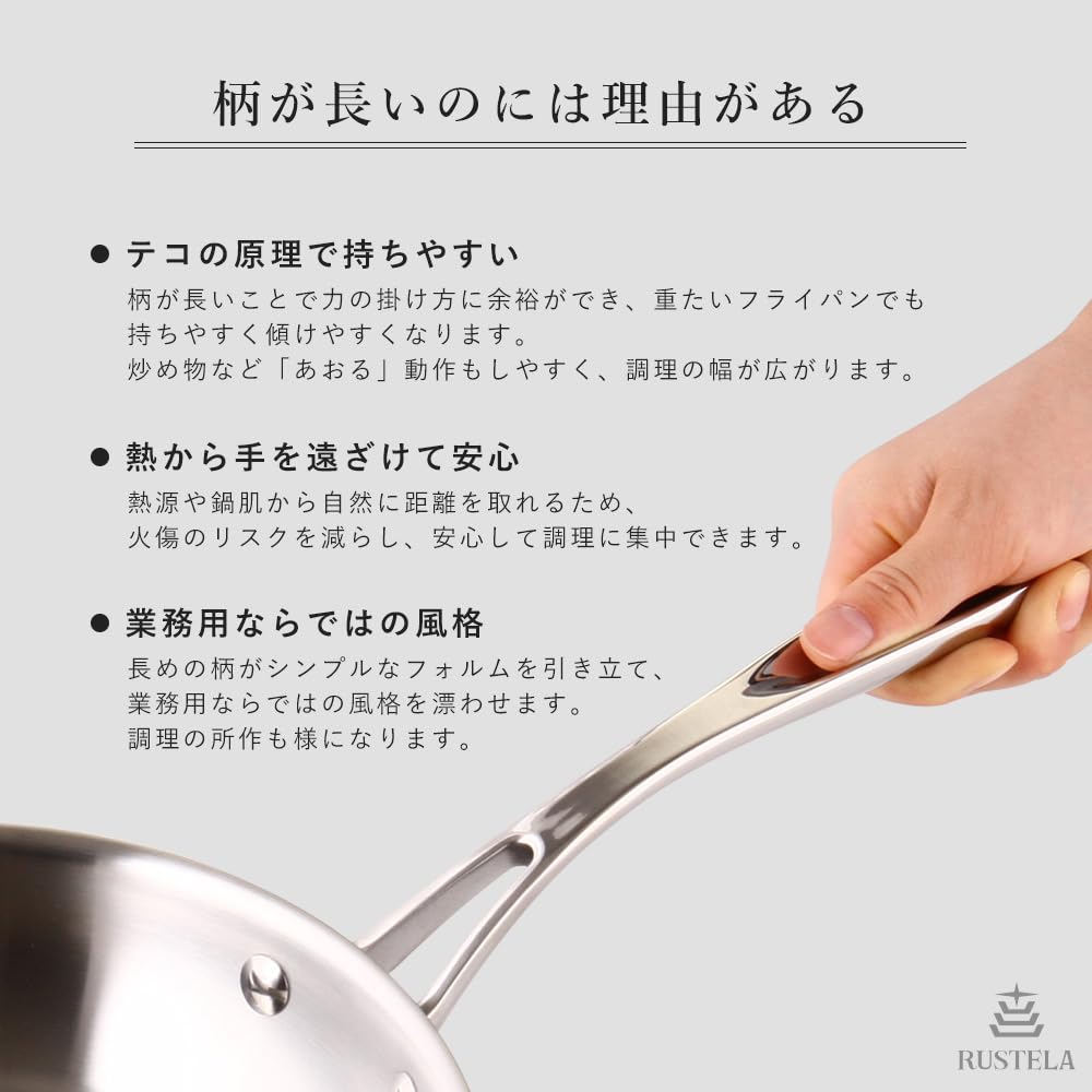 RUSTELA Stainless Steel Frying Pan, 26cm, Commercial Grade, Three-Layer Construction, Induction Compatible, Dishwasher Safe, Uncoated, Suitable for