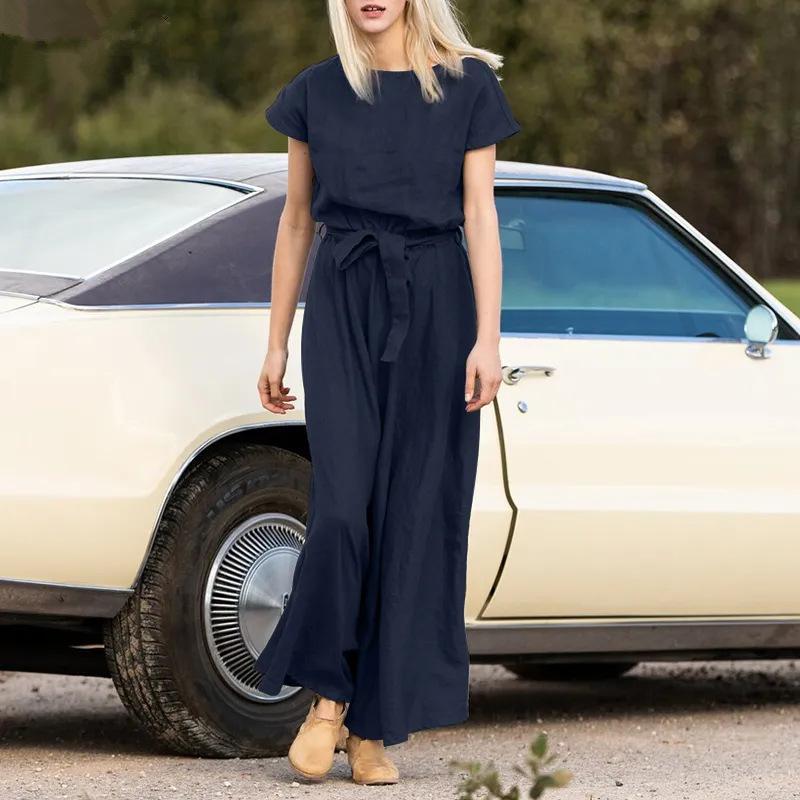 

Женское однотонное миди-платье с поясом, повседневное летнее платье с коротким рукавом, платье в винтажном стиле синего/коричневого/хаки цвета S тёмно-синий