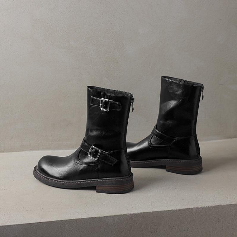 Damen-Mittelstiefel für Herbst und Winter, dicksohlige, rutschfeste Damenstiefel in großen Größen, mittlerer Absatz, runde Spitze, Reißverschluss hinten, Blockabsatz, neue Ritterstiefel