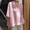 2025 Spring/Summer V-Neck Cotton Linen Plus Size Loose Mid-Sleeve Women's Shirt