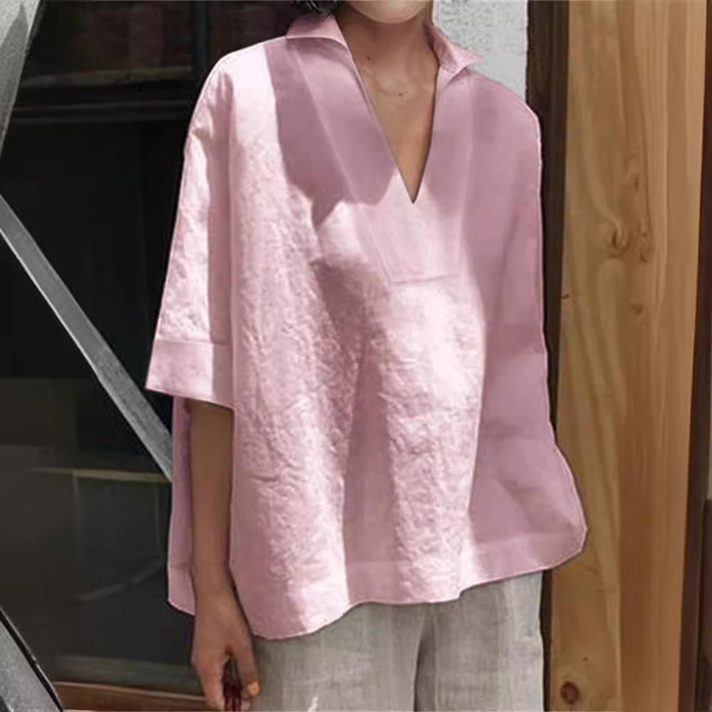 2025 Spring/Summer V-Neck Cotton Linen Plus Size Loose Mid-Sleeve Women's Shirt