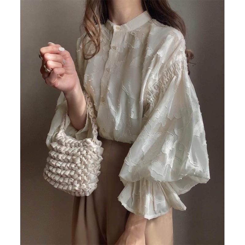 Women's Floral Jacquard Sheer Stand Collar Puff 3/4 Sleeve Oversized Casual Blouse Loose Chiffon Shirt Top