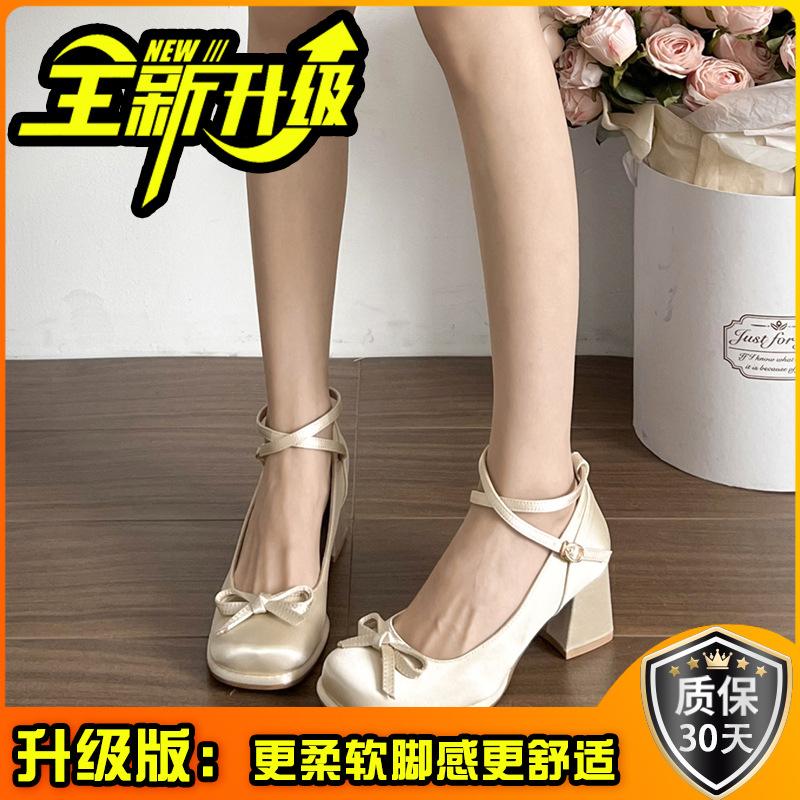 Fashion retro square head bow thick heel Mary Jane shoes women's summer lady versatile temperament new single shoes