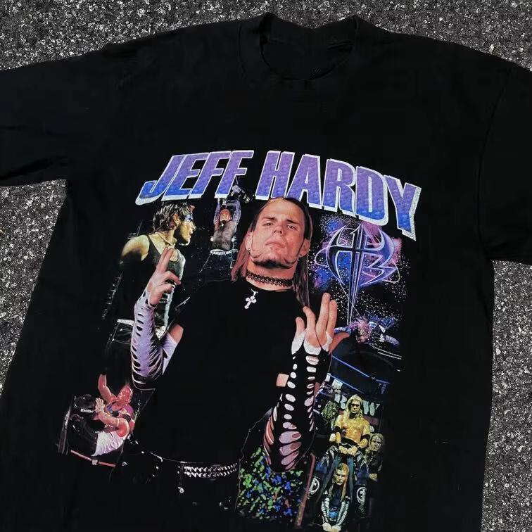 Vintage Pánská bavlněná trička Jeff Hardy z počátku 2000 let s krátkým rukávem a kulatým výstřihem, Hip Hop Dámské kapelní tričko, Letní topy, Oblečení